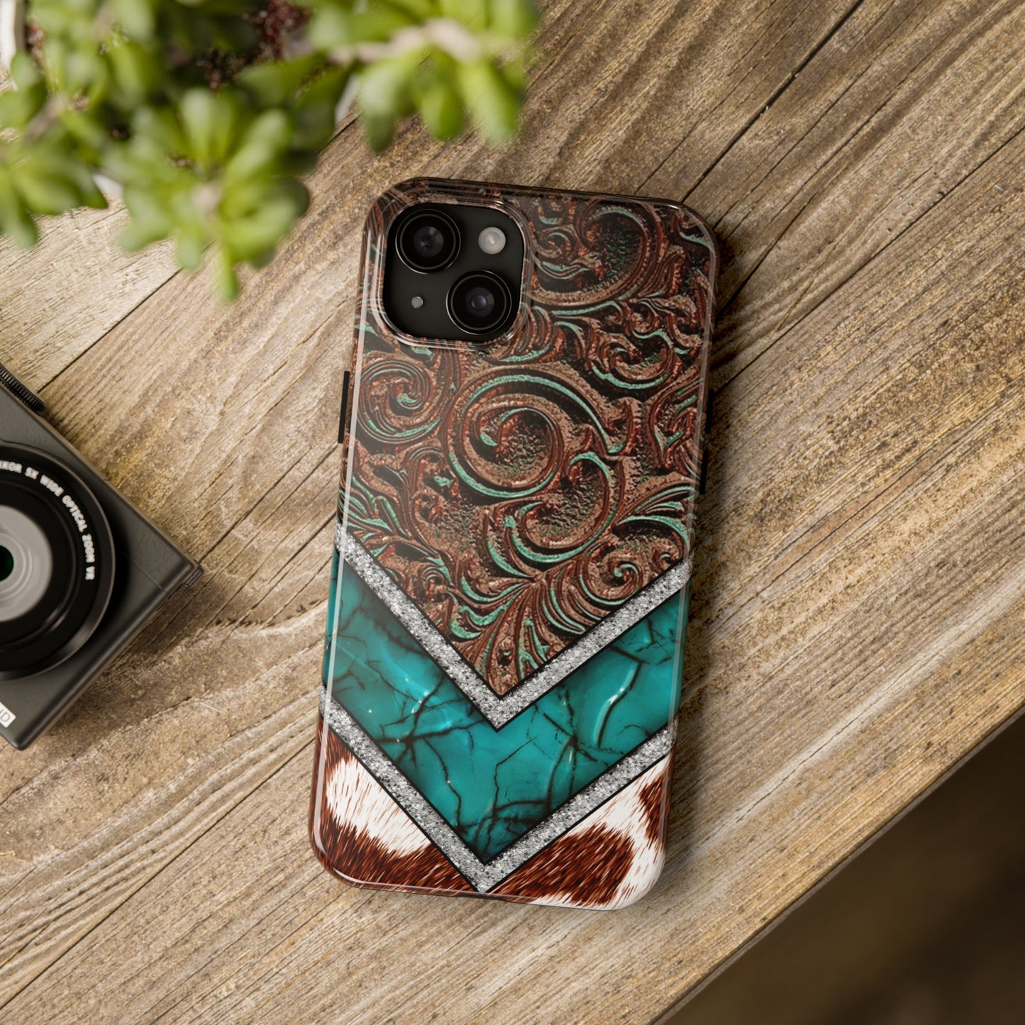 Western Cow Print, Faux Turquoise and Leather Digital print design Phone Case- Lightweight, Impact Resistant Cover for iPhone 6, 6s, 12, 13, 14, 15