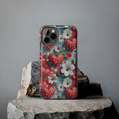 White Flowers Red Polka Dot Hearts Digital print Design Tough Phone Case compatible with a large variety of iPhone models, Gift, Phone Case