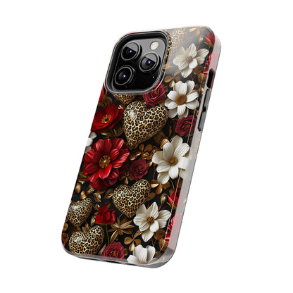 Red Gold Flowers Leopard Hearts Digital print Design Tough Phone Case compatible with a large variety of iPhone models, Gift, Phone Case