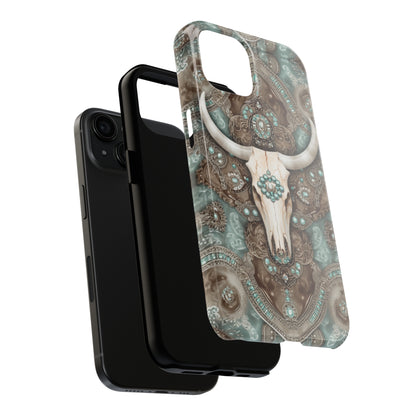 Western Cow Skull and Turquoise print design Phone Case- Lightweight, Impact Resistant Cover for iPhone 6, 6s, 12, 13, 14, 15