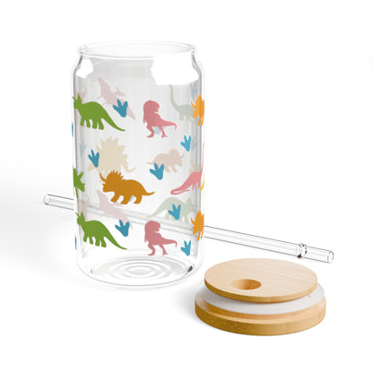 Dinosaur Glass Tumbler with lid and straw, 16oz