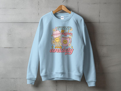 Fueled by Coffee and Anxiety Sweatshirt, Cute Graphic Pullover, Trendy Aesthetic Sweater, Comfy Casual Wear, Unique Illustrated Top, Unisex Heavy Blend™ Crewneck Sweatshirt