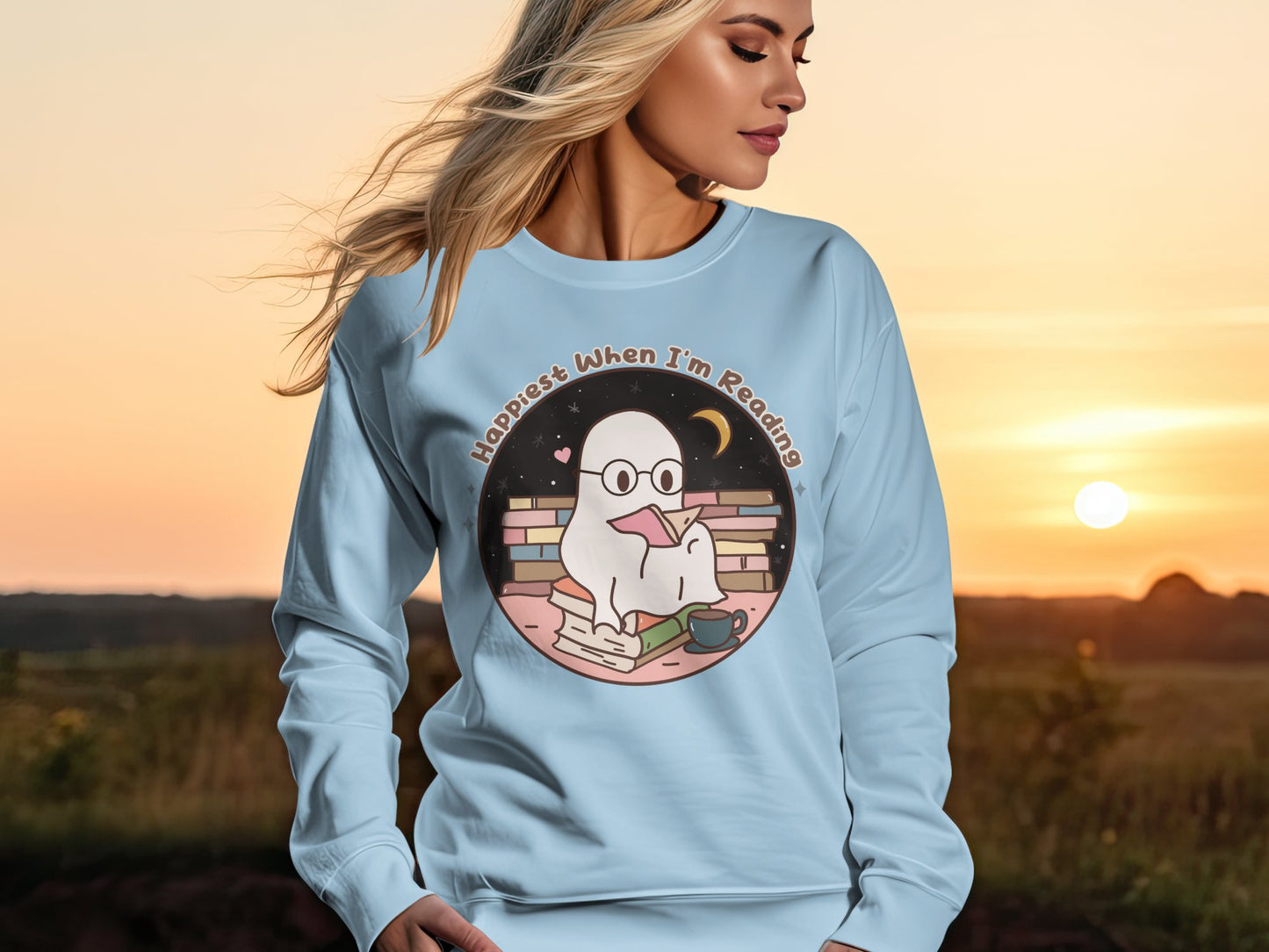 Book Lover Sweatshirt, Happiest When I'm Reading Cute Ghost Design, Cozy Unisex Pullover, Unisex Heavy Blend™ Crewneck Sweatshirt