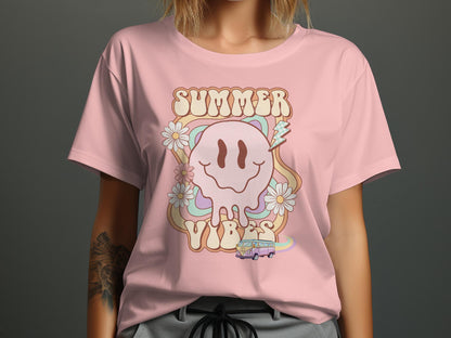 Cute Summer Vibes T-Shirt, Cartoon Sun and Flowers, Casual Beachwear Tee, Pastel Colors, Unisex Graphic Shirt, Retro Van