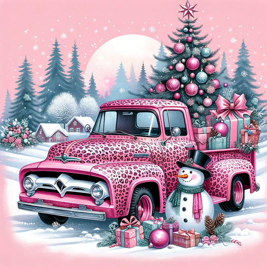 Pink Leopard Print Truck Christmas PNG Digital Paper Image, Christmas Digital Paper, Truck Christmas Digital Paper PNG