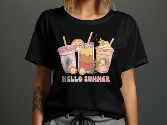 Hello Summer T-Shirt, Cute Tropical Drinks Print, Unisex Beach Tee, Casual Vacation Shirt, Graphic Tee for Summer