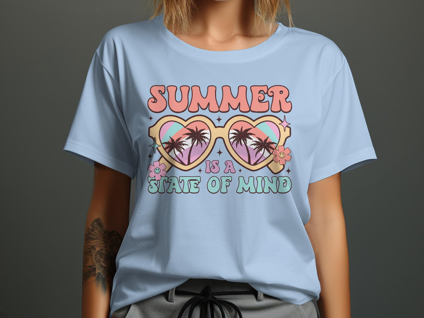Tropical Summer Vibes T-Shirt, Heart Sunglasses Palm Trees, Beach Lover Tee, Retro Aesthetic Top, Vacation Clothing, Gift for Her