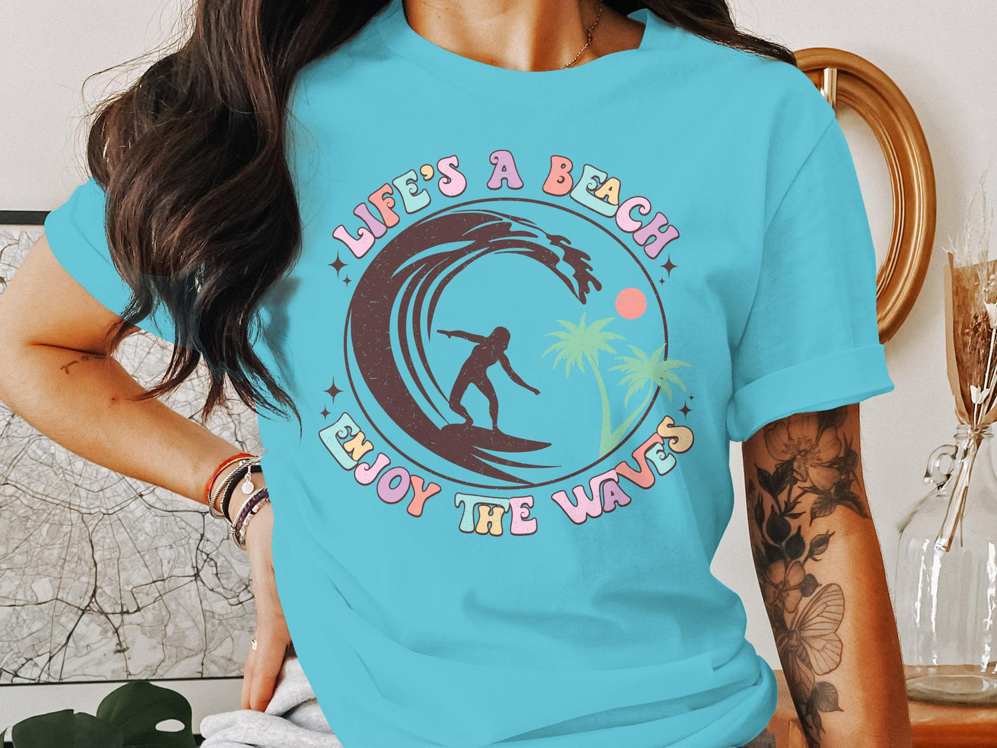 Vintage Surfing T-Shirt, Life's A Beach Enjoy the Waves Graphic Tee, Tropical Surf Shirt, Summer Beachwear, Retro Surfer Top