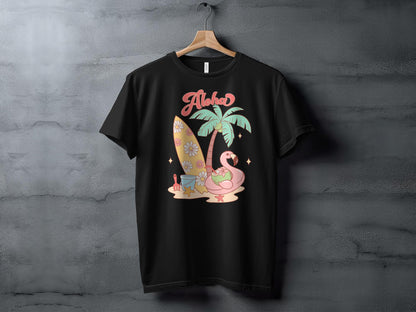 Tropical Aloha Flamingo T-Shirt, Beach Vacation Tee, Summer Graphic Shirt, Palm Tree and Surfboard Top, Casual Unisex Clothing