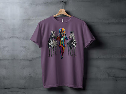 Unique Zebra Multicolored Stripe T-Shirt with Colorful Mane Design, Unisex Fashion Tee, Artistic Animal Print Shirt, Vibrant Clothing