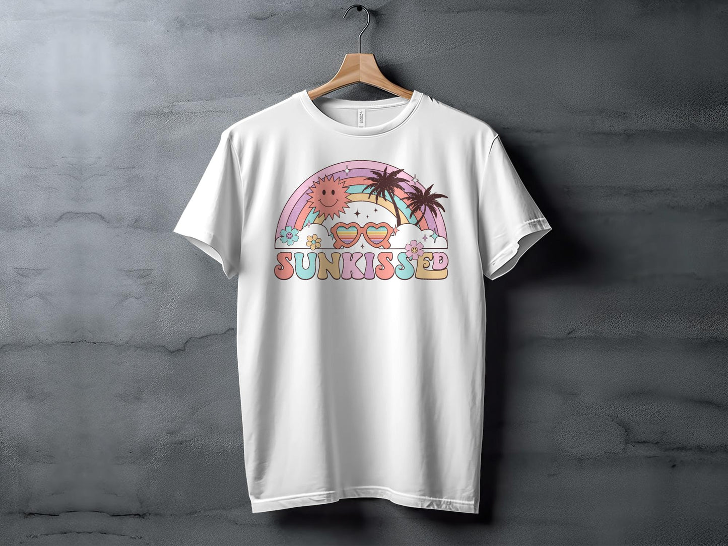 Vintage Sunkissed Rainbow Graphic Tee, Retro Summer Vibes T-Shirt, Beach Lover Casual Shirt