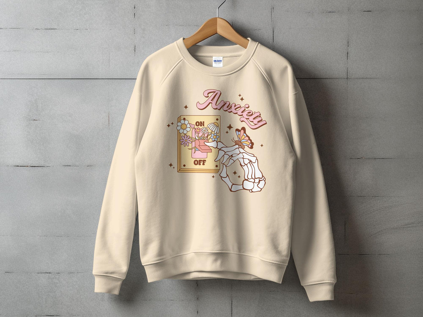 Anxiety Off Switch Graphic Sweatshirt, Mental Health Awareness Pullover, Cozy Self Care Top, Floral Butterfly Design, Unisex Heavy Blend™ Crewneck Sweatshirt