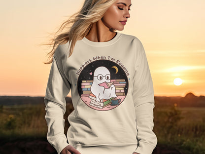Book Lover Sweatshirt, Happiest When I'm Reading Cute Ghost Design, Cozy Unisex Pullover, Unisex Heavy Blend™ Crewneck Sweatshirt