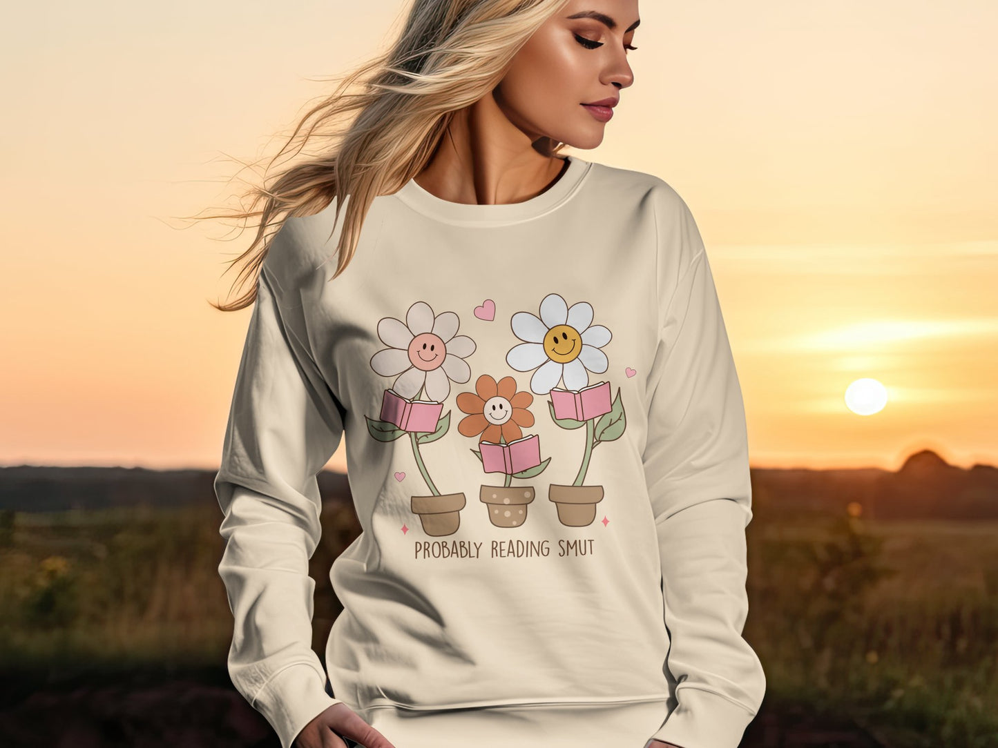 Funny "Probably Reading Smut" with Smiling Flowers Reading Graphic Sweatshirt, Unisex Cozy Comfortable Pullover, Casual Book Lover Apparel, Unisex Heavy Blend™ Crewneck Sweatshirt