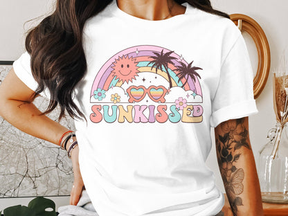 Vintage Sunkissed Rainbow Graphic Tee, Retro Summer Vibes T-Shirt, Beach Lover Casual Shirt