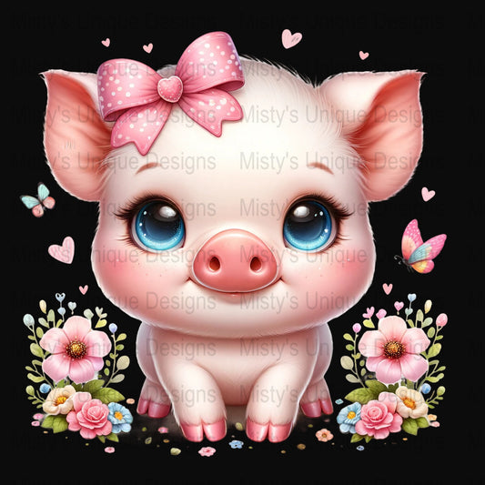 Cute Pig Clipart, Digital Download, PNG, Kawaii Pig with Bow, Pastel Flowers, Butterflies, Commercial Use, Printable Art, Baby Animals