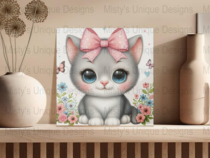 Cute Kitten Clipart PNG, Digital Download, Cat Illustration with Bow, Floral Kitty Graphics, Pastel Colors, Commercial Use