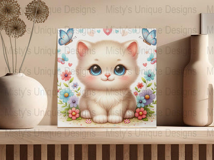 Cute Kitten Digital Clipart, Cartoon Cat PNG, Instant Download, Floral Butterflies Pet Illustration, Scrapbooking, Kids Craft Image