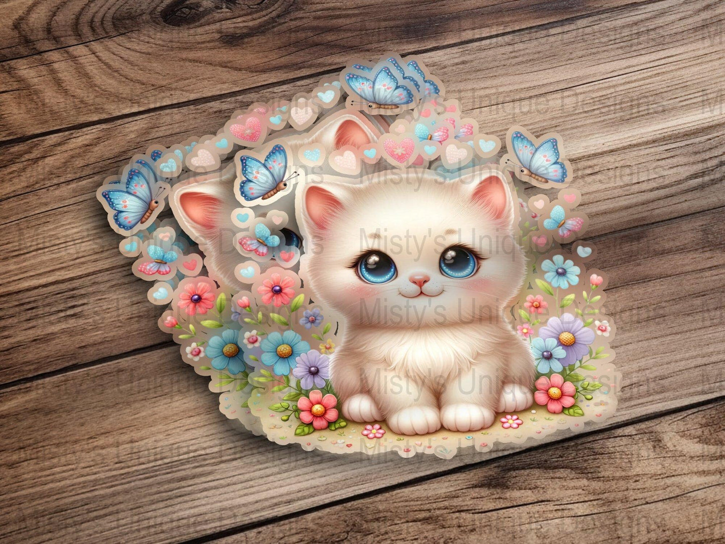 Cute Kitten Digital Clipart, Cartoon Cat PNG, Instant Download, Floral Butterflies Pet Illustration, Scrapbooking, Kids Craft Image