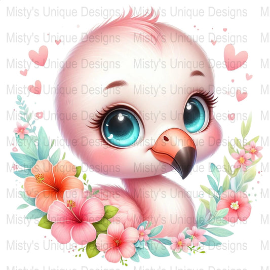 Cute Cartoon Flamingo Clipart, Pink Bird PNG, Digital Download, Nursery Decor, Baby Shower Invitation, Kawaii Animal Illustration