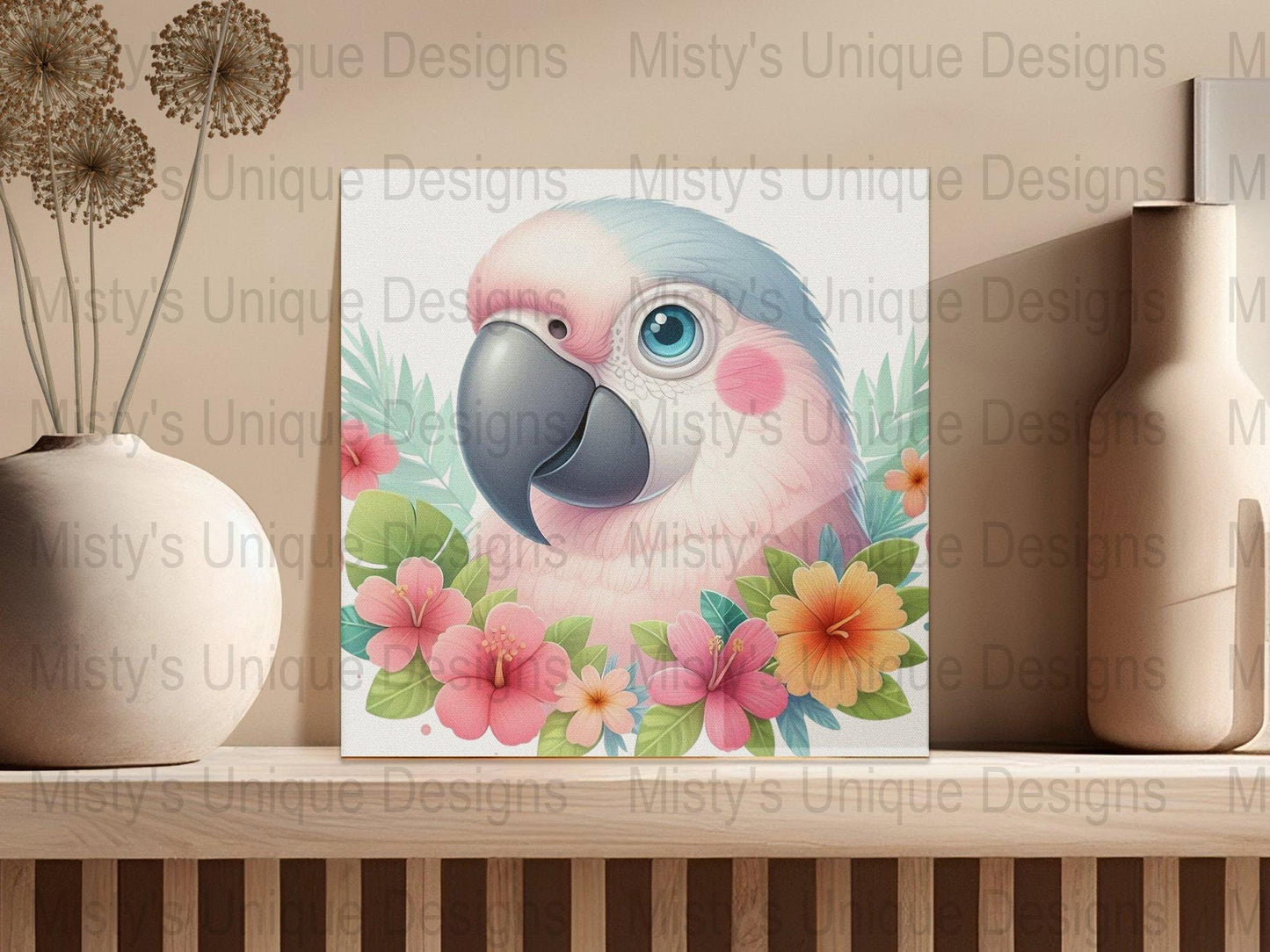 Cute Pink Parrot Clipart, Tropical Bird PNG, Digital Download, Floral Bird Illustration, Craft Supplies, Scrapbooking, Commercial Use