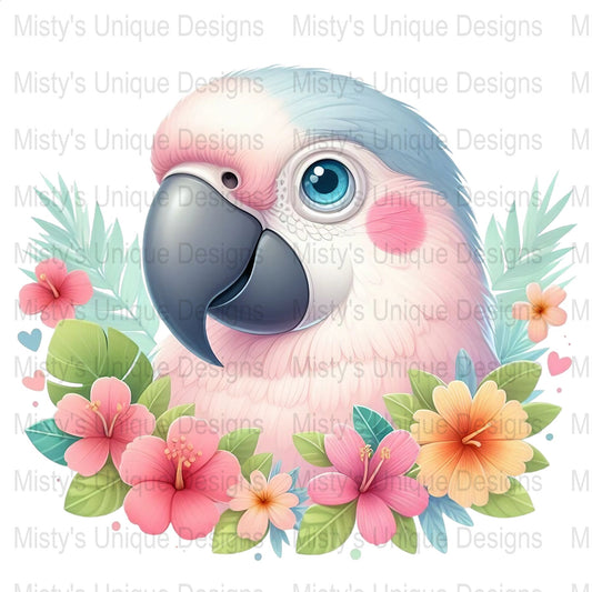 Cute Pink Parrot Clipart, Tropical Bird PNG, Digital Download, Floral Bird Illustration, Craft Supplies, Scrapbooking, Commercial Use