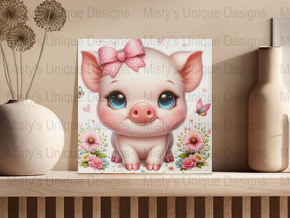 Cute Pig Clipart, Digital Download, PNG, Kawaii Pig with Bow, Pastel Flowers, Butterflies, Commercial Use, Printable Art, Baby Animals