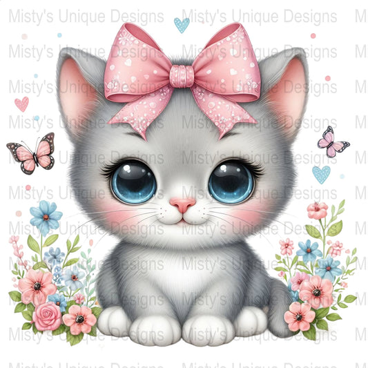 Cute Kitten Clipart PNG, Digital Download, Cat Illustration with Bow, Floral Kitty Graphics, Pastel Colors, Commercial Use