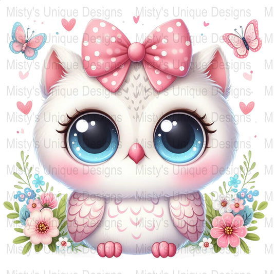 Cute Owl Digital Clipart, Instant Download, PNG Format, Adorable Cartoon Owl with Bow, Kawaii Style, Scrapbooking, Card Making