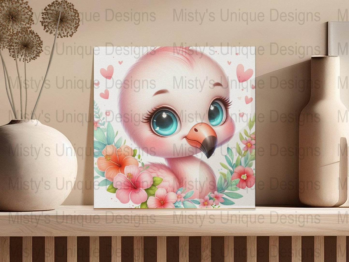 Cute Cartoon Flamingo Clipart, Pink Bird PNG, Digital Download, Nursery Decor, Baby Shower Invitation, Kawaii Animal Illustration