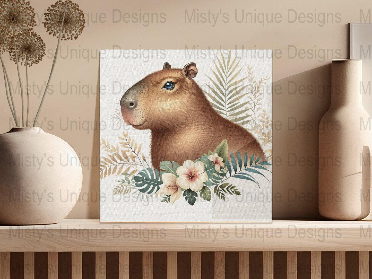 Capybara Clipart PNG, Tropical Leaves and Flowers Digital Download, Cute Rodent Illustration Art, Capybara Lover Gift, Scrapbooking Image