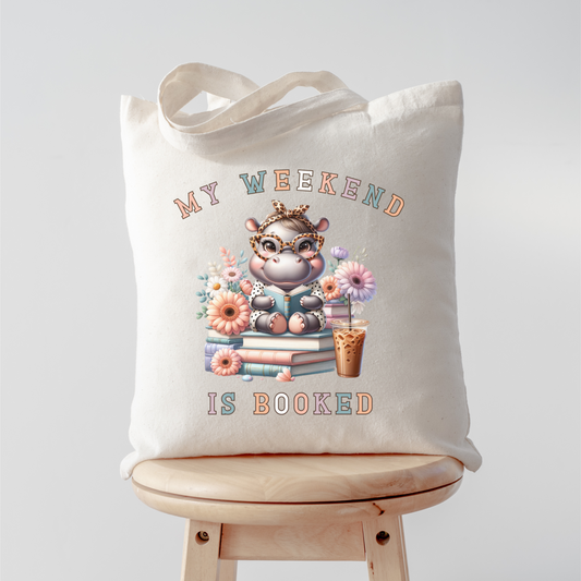 Cute Book Lover's "My Weekend is Booked" Cotton Canvas Tote Bag, Canvas Tote Bag for Book Worms, Cute Hippo Reading Books