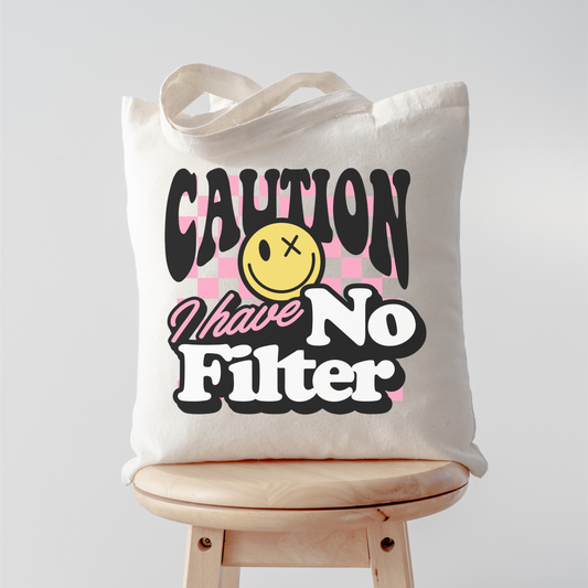 Funny Caution I Have No Filter Cotton Canvas Tote Bag, Cute Funny Sarcastic Tote Bag