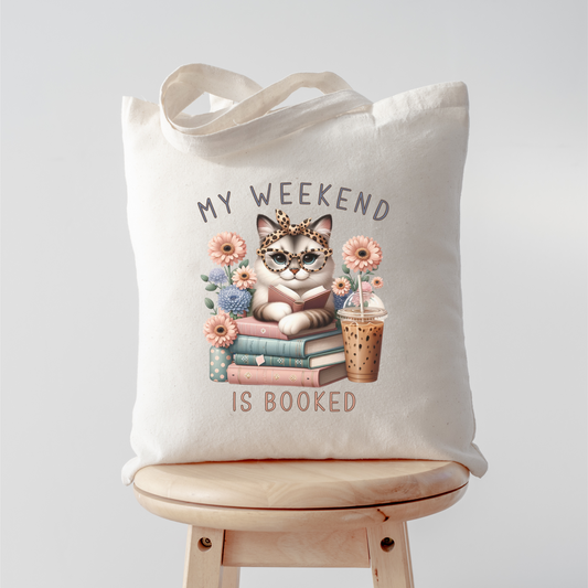 Cute Cat My Weekend is Booked Cotton Canvas Tote Bag, Cute Book Lovers Tote Bag