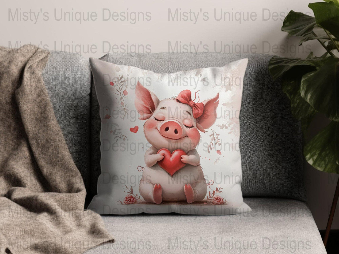 Adorable Piglet Digital Paper, Cute Pig with Heart Illustration PNG, Printable Animal Artwork, Romantic Card Design, Love Theme Background