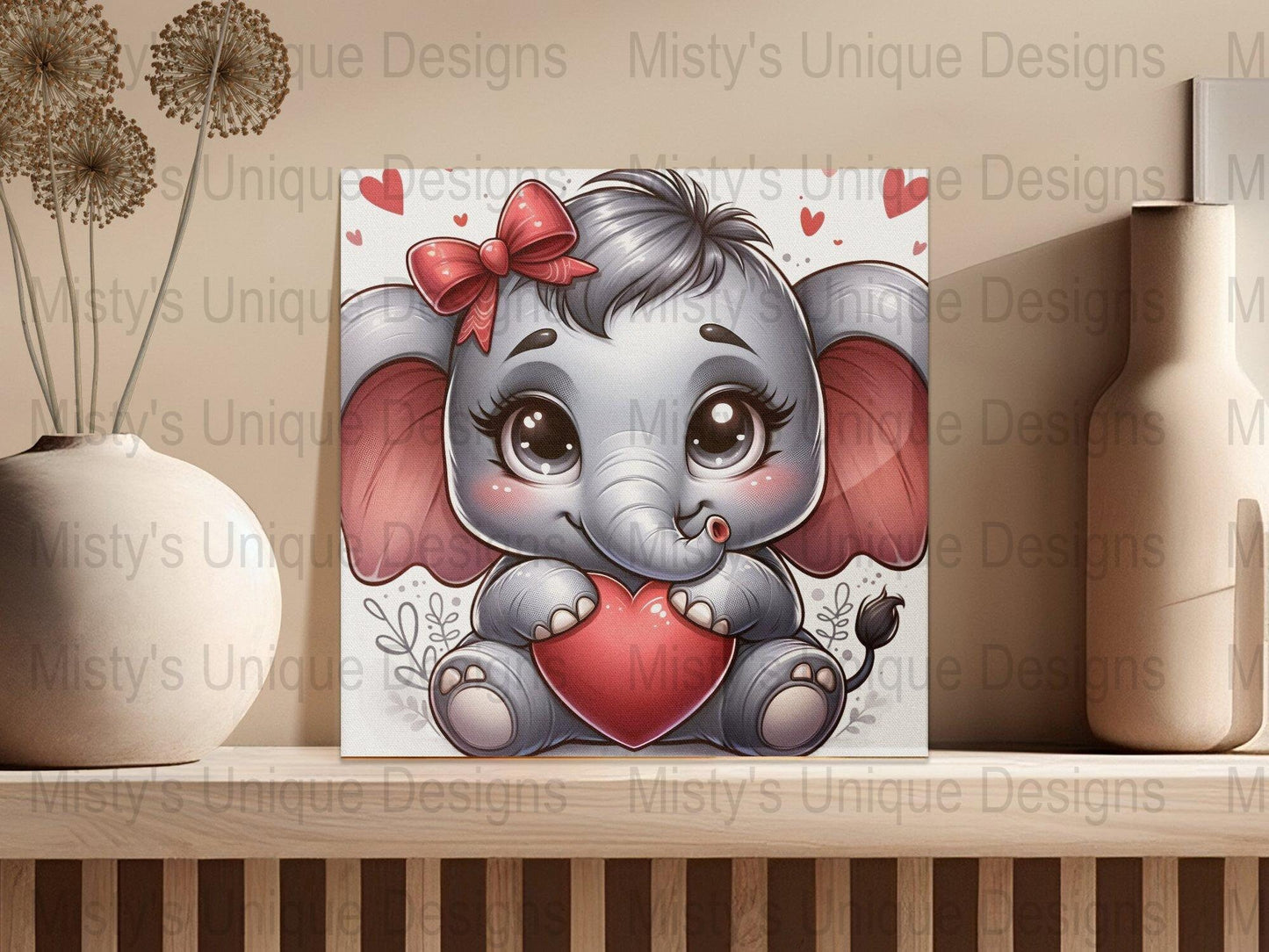Cute Elephant Clipart, Digital Download, PNG Format, Heart, Baby Shower Decor, Nursery Art, Valentine&#39;s Day, Animal Illustration