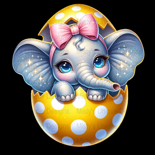 Cute Baby Elephant Clipart, Yellow Polka Dot Egg, Digital Download, Cartoon Animal PNG, Sparkly Cheek, Blue Eyes, Bow Accessory