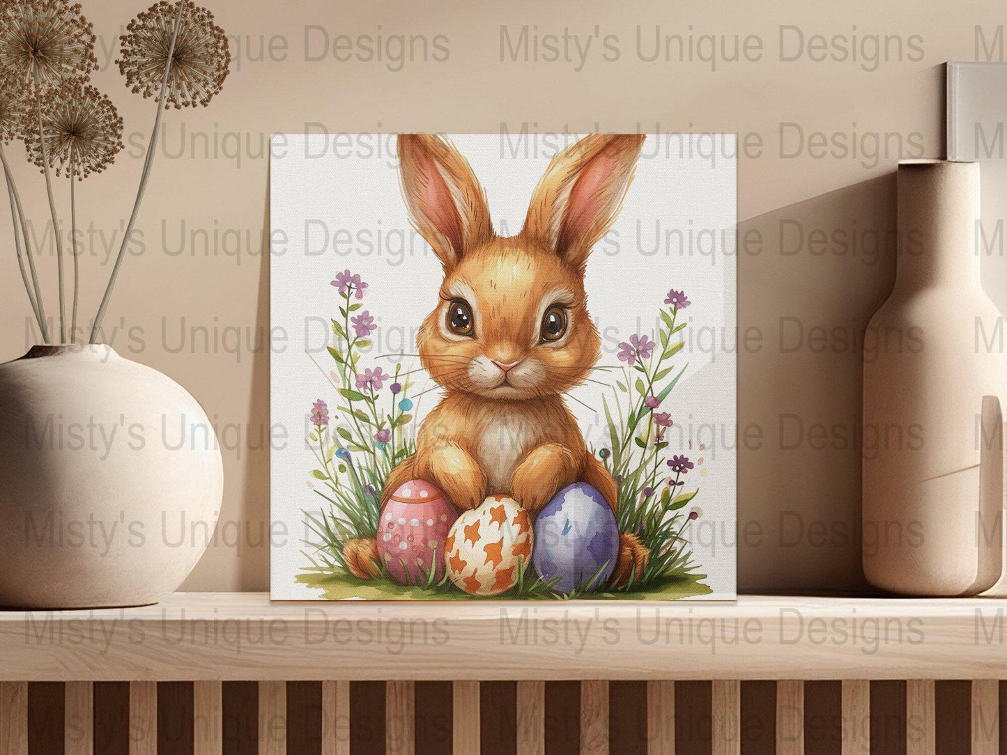 Easter Bunny Clipart PNG, Digital Download, Cute Rabbit with Eggs Illustration, Spring Season Nursery Decor Art, Printable Wall Art