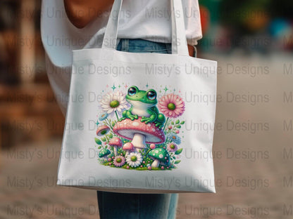 Cute Frog on Mushroom Digital Clipart, Whimsical Forest Animal PNG, Printable Illustration, Fantasy Garden Download, Kids Room Decor