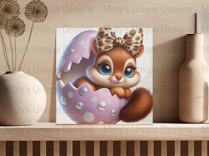 Cute Squirrel Digital Clipart, Cartoon Animal in Egg PNG, Kids Easter Decoration, Instant Download, Bow Tie, Whimsical Nursery Art