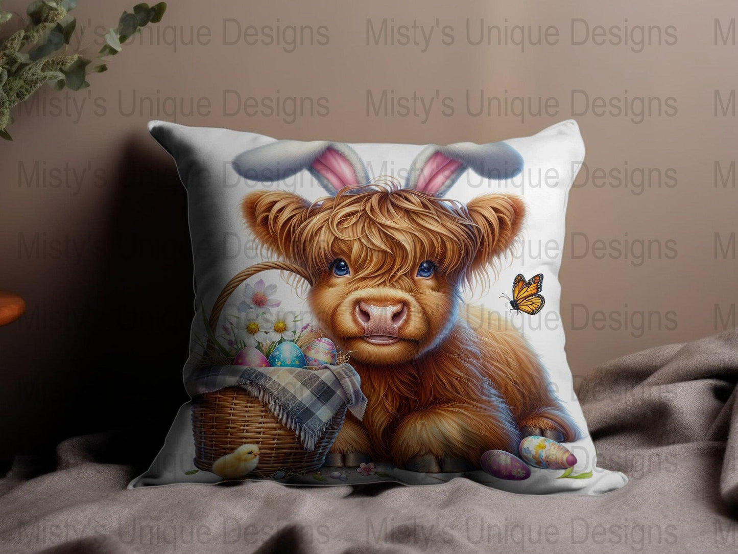 Highland Cow Easter Basket Digital Download, Cute Spring Clipart PNG, Printable Animal Art with Bunny Ears