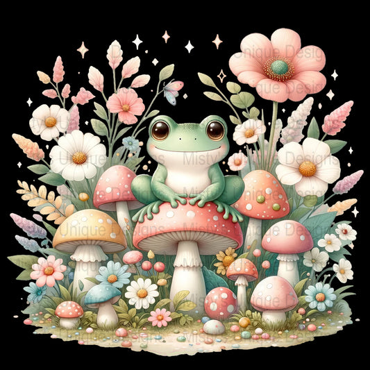 Whimsical Frog Clipart, Floral Mushroom PNG, Digital Download, Scrapbooking, Cute Animal Illustration, Forest Theme Art, Kids Room Decor