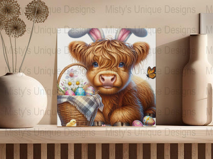 Highland Cow Easter Basket Digital Download, Cute Spring Clipart PNG, Printable Animal Art with Bunny Ears