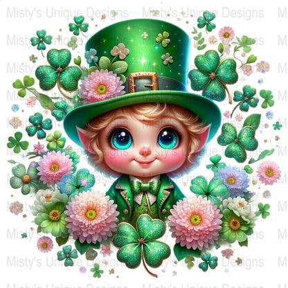 St. Patrick&#39;s Day Cute Character Clipart, Shamrock Digital PNG, Floral Irish Decor, Green Hat Illustration, Lucky Clover Download