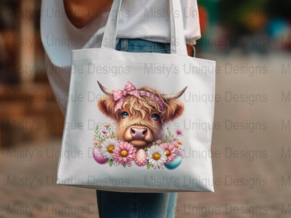 Highland Cow with Bow Digital Clipart, Spring Flowers and Easter Eggs PNG, Cute Animal Illustration, Instant Download for Crafts