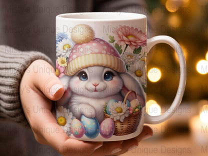 Easter Bunny Clipart, Cute Rabbit Digital Download, Pastel Easter Eggs PNG, Spring Flower Illustration, Commercial Use
