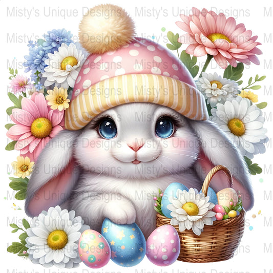 Easter Bunny Clipart, Cute Rabbit Digital Download, Pastel Easter Eggs PNG, Spring Flower Illustration, Commercial Use