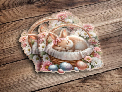 Sleeping Bunny Clipart, Cute Rabbit in Basket PNG, Digital Download, Floral Spring Easter Decoration, Baby Room Wall Art Image