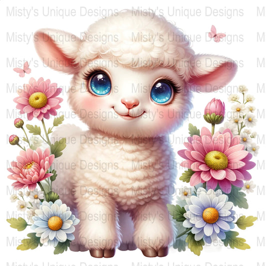 Cute Lamb Clipart, Floral Digital Download, PNG Animal Illustration, Childrens Nursery Decor, Baby Shower Art, Spring Flowers Design