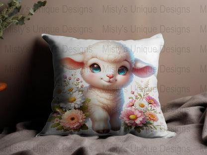 Cute Baby Lamb Clipart, Digital Download, Floral Lamb PNG, Kids Spring Graphics, Nursery Decor Art, Printable Animal Illustration